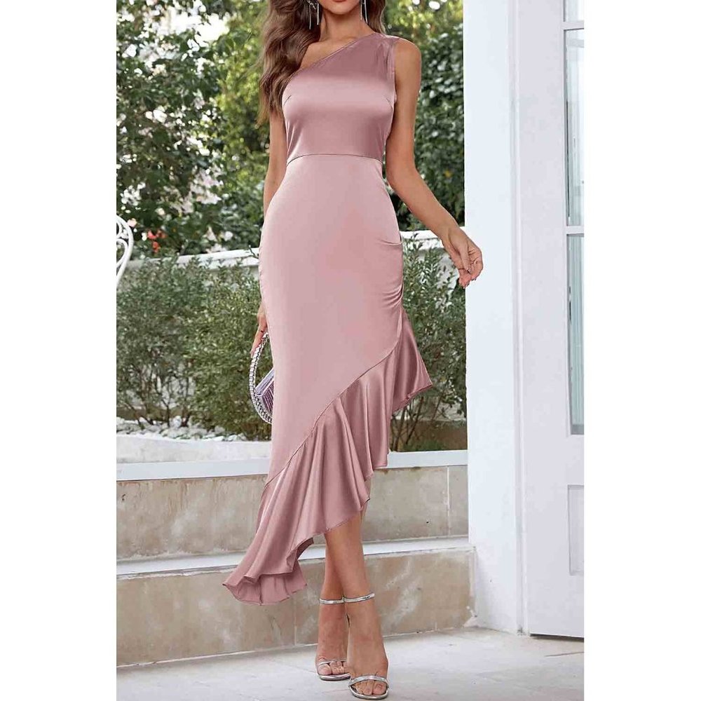 Pink Asymmetric One-shoulder Ruffle Cocktail Party Dress